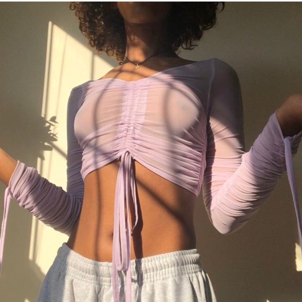 lavender mesh synched crop top with strings